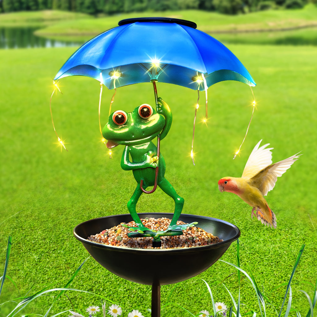 Solar Iron Frog with Umbrella Garden Statue – LED Solar Outdoor Light, Auto Dusk-to-Dawn, Bird Feeder Design for Patio, Lawn, Pathway & Deck Decor, Valentine’s Day Gift