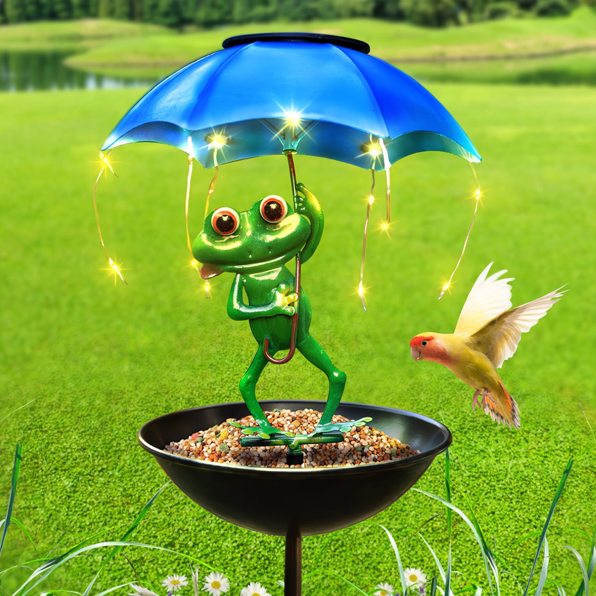 Solar Iron Frog with Umbrella Garden Statue – LED Solar Outdoor Light, Auto Dusk-to-Dawn, Bird Feeder Design for Patio, Lawn, Pathway & Deck Decor, Valentine’s Day Gift