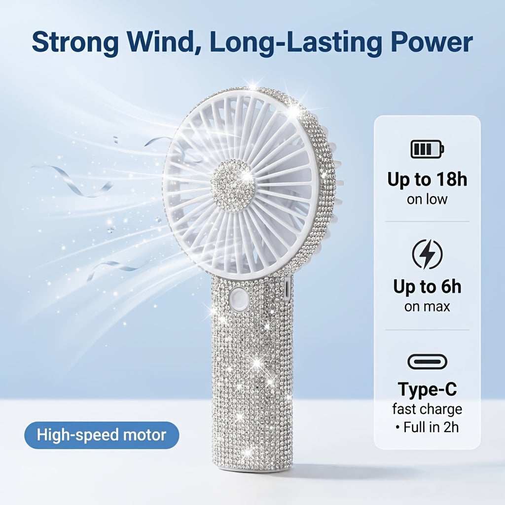 Rhinestone Handheld Fan Crystal Diamond Bling Mini Personal Fan USB Rechargeable 3-Speed for Women Girls Wedding Travel Outdoor Office