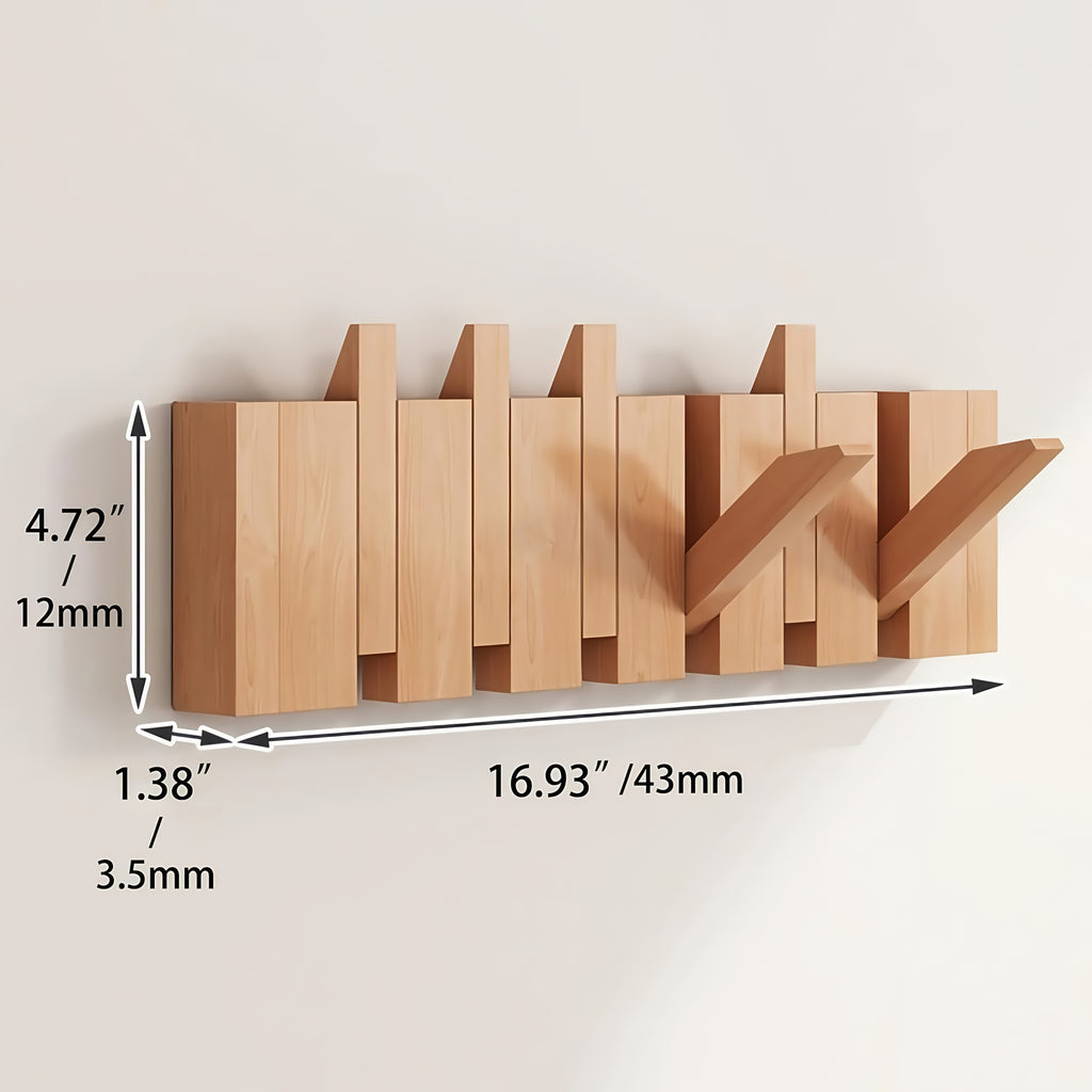 Wall-Mounted Coat Rack Natural Wood – Accordion Hook Rack for Entryway, 4/6/8/10 Hooks, Walnut & Beech Finish, Space-Saving Coat Hanger for Bedroom, Bathroom, Hallway