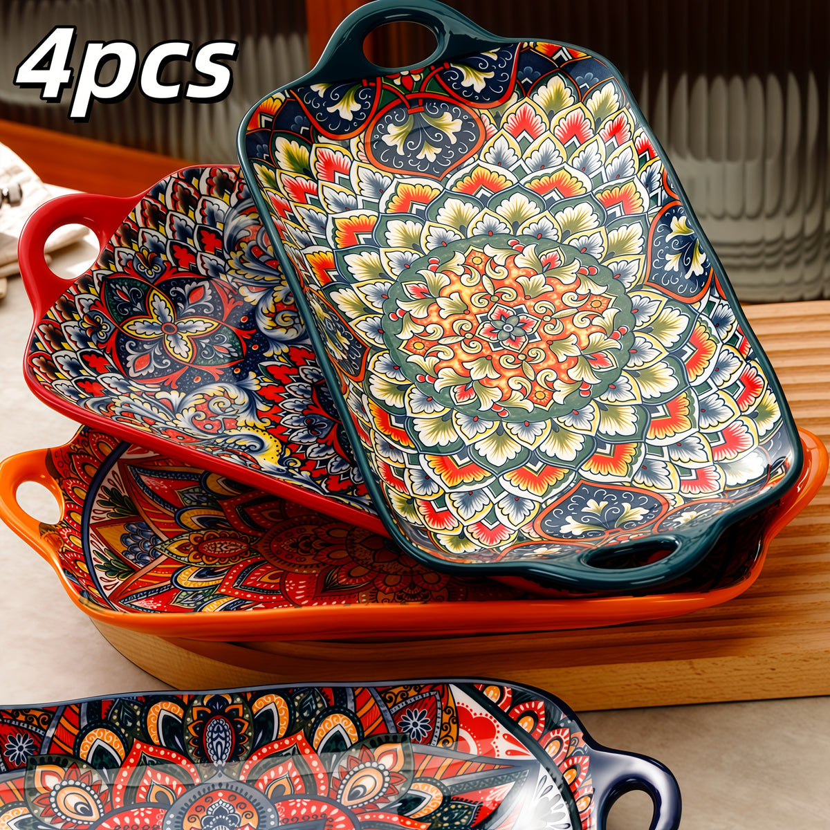 4-Piece Bohemian Ceramic Double-Ear Rectangular Fish Plate Set – Decorative Serving Platter & Baking Tray for Pasta, Steak, Sushi, Salad & Western Cuisine