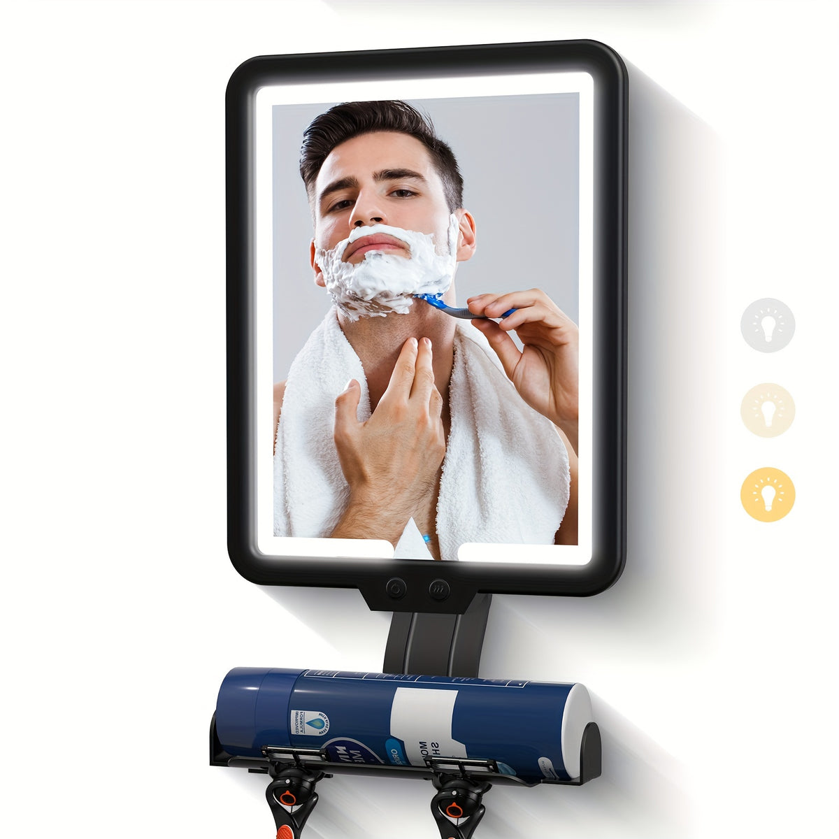 Heated Fog-Free Shower Mirror with LED Light 9.5x7 Inch | Detachable Fogless Bath Mirror with Shaving Foam Base, 2 Razor Holders & 3-Color Adjustable Brightness