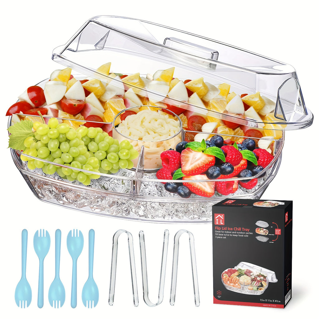 Chilled Serving Tray on Ice with Lid 15 Inch Clear Party Platter with Forks and Pliers for Shrimp Fruit Vegetables Salad Sushi Appetizer Display