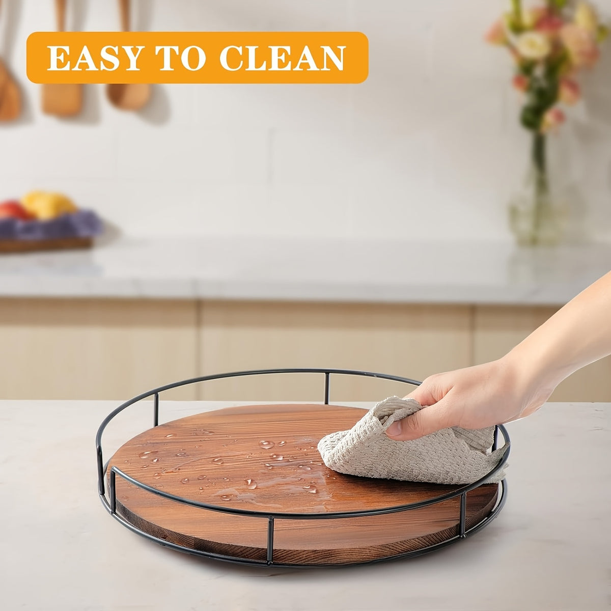 Lazy Susan Turntable 9 Inch Set of 2 - Rustic Brown Wood with Steel Frame, 360° Rotating Organizer for Kitchen Countertop, Cabinet, Dining Table Centerpiece, Spice Rack & Pantry Storage