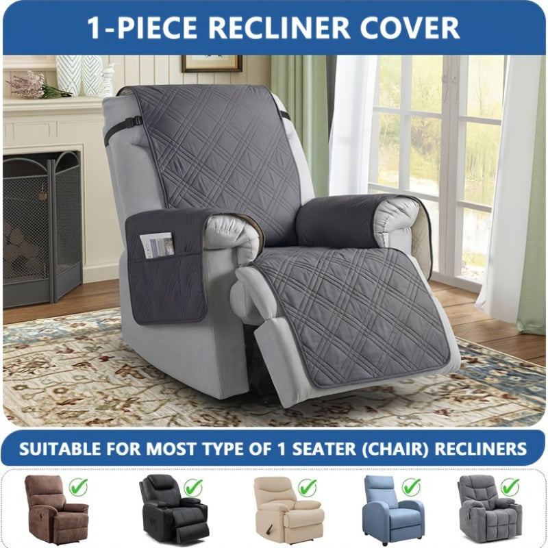 Quilted Recliner Cover with Side Pocket Anti-Slip Elastic Band Pet Furniture Protector – Easy to Install Sofa Recliner Slipcover for Living Room, All-Season Home Decor