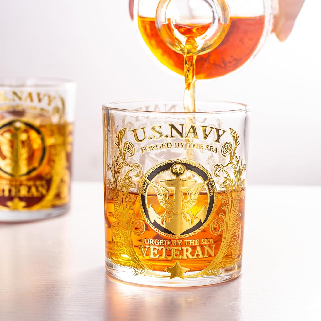 Veteran Tribute Whiskey Glass 10oz – Engraved US Navy Military Gift, Patriotic Personalized Whiskey Glass for Dad, Veteran & Anniversary