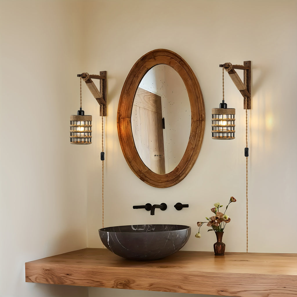 Plug-In Wall Sconces Farmhouse Rustic Metal Cage with Wooden Bracket – Hanging Lamps That Plug Into Wall Outlet for Bedroom, Living Room & Headboard – 1 or 2 Pack