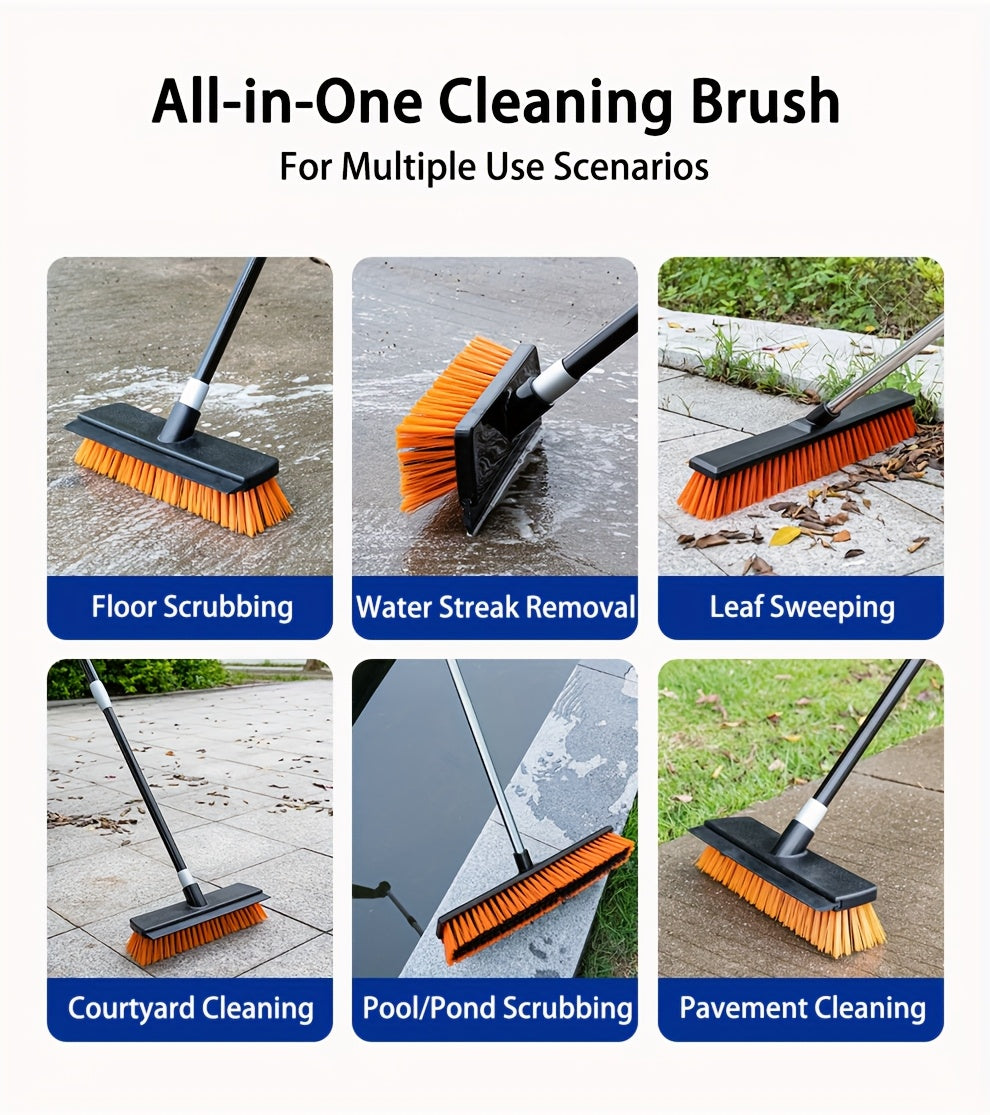 Heavy Duty Outdoor Floor Scrub Brush 10.24" Dual-Purpose with Water Scraper & Stiff Bristles – Hard Broom for Patio, Deck, Driveway & Concrete Cleaning, Home & Commercial Use