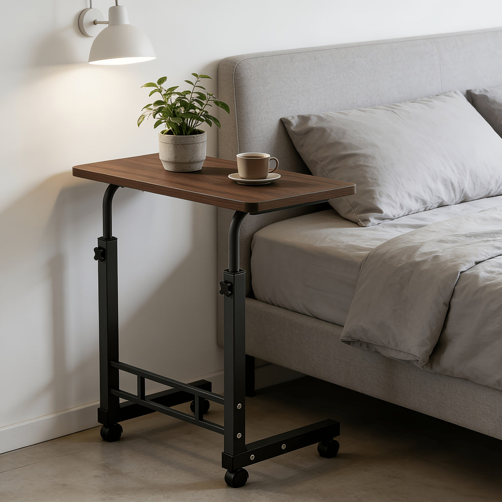 Rolling Over-Bed Table with 2-Layer Storage Rack | Mobile Bedside & Sofa Laptop Table, Solid Metal Frame, Smooth Wheels, Space-Saving Design – Multiple Colors