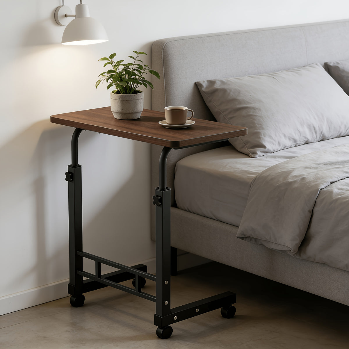 Rolling Over-Bed Table with 2-Layer Storage Rack | Mobile Bedside & Sofa Laptop Table, Solid Metal Frame, Smooth Wheels, Space-Saving Design – Multiple Colors