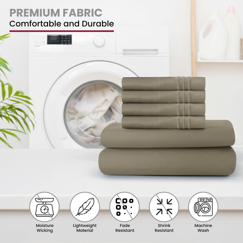 Brushed Microfiber Bed Sheet Set 6 Piece with Embroidered Pillowcases - Hotel Luxury Deep Pocket 16 Inch, Soft Breathable All Season, 24 Colors, Twin Twin XL Full Queen King Cal King