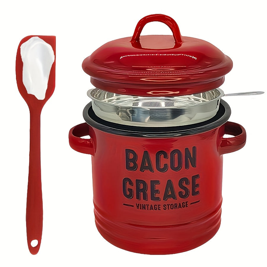 Enamel Bacon Grease Container with Stainless Steel Filter & Spoon - Rustic Kitchen Fat Storage Jar, Dishwasher Safe, Ideal for Halloween Thanksgiving Christmas, Red Blue White