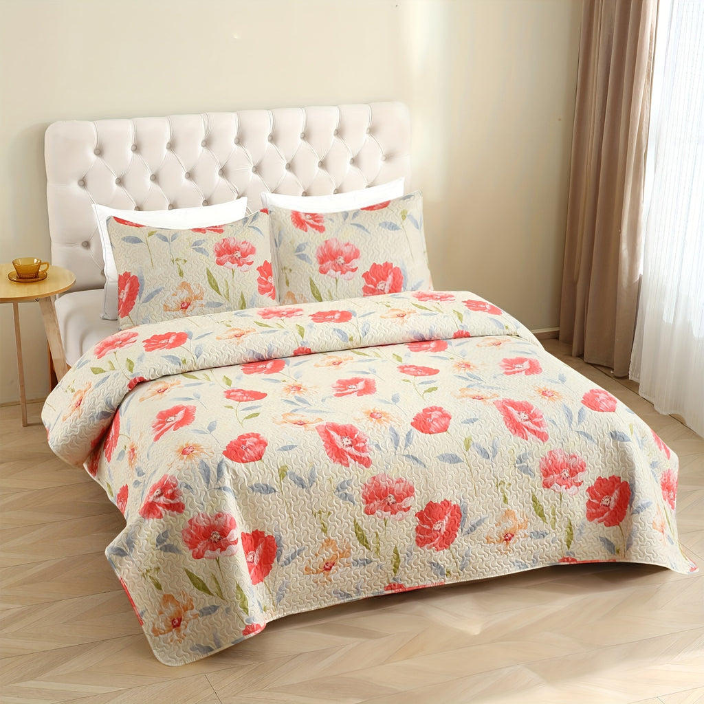 Patchwork Quilt Set 3-Piece Boho Reversible Coverlet Queen King Size Soft Lightweight Bedspread with 2 Pillow Shams All-Season Floral Stripes Bedroom Decor