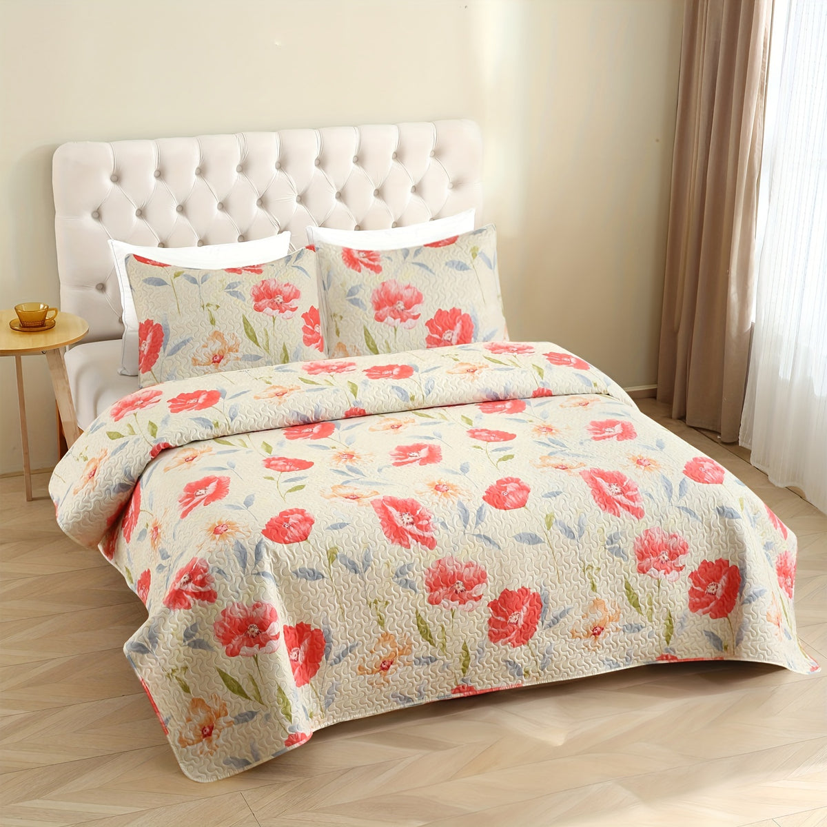 Patchwork Quilt Set 3-Piece Boho Reversible Coverlet Queen King Size Soft Lightweight Bedspread with 2 Pillow Shams All-Season Floral Stripes Bedroom Decor