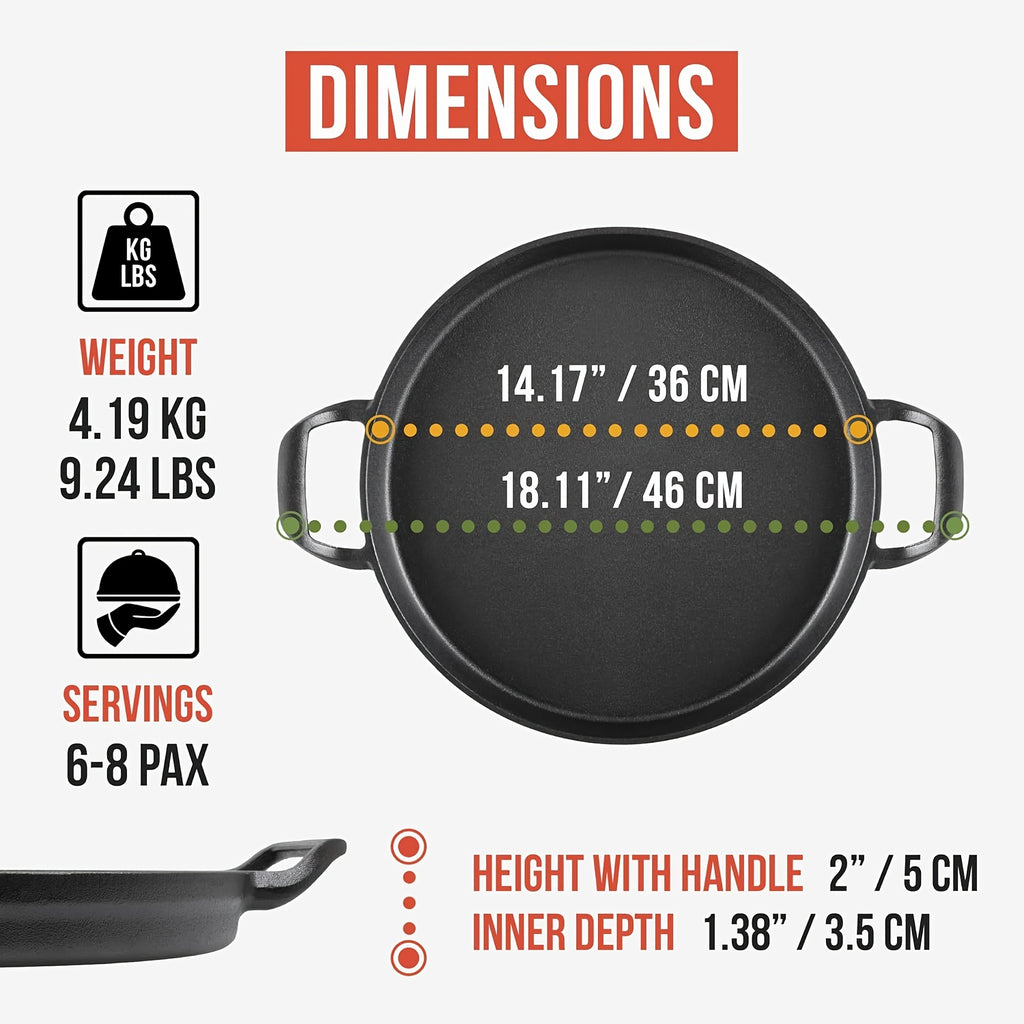 Pre-Seasoned Cast Iron Skillet 14 Inch Dual Loop Handles Nonstick Pizza Pan BBQ Pancake Griddle Oven Stovetop Grill Campfire Safe Even Heating