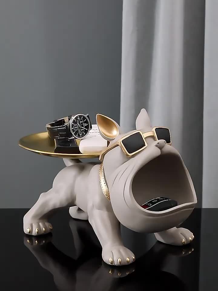 Decorative Resin Bulldog Tray Statue Modern Dog Figurine Key Tray Entryway Organizer Candy Jewelry Earring Tray Holder Home Office Dining Table Decor Desk Accent Christmas New Year Gift Dog Lover