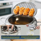 Stainless Steel Tempura Deep Fryer with Thermometer, Lid & Drip Strainer – Temperature Control Pot for Frying Boiling Steaming at Home