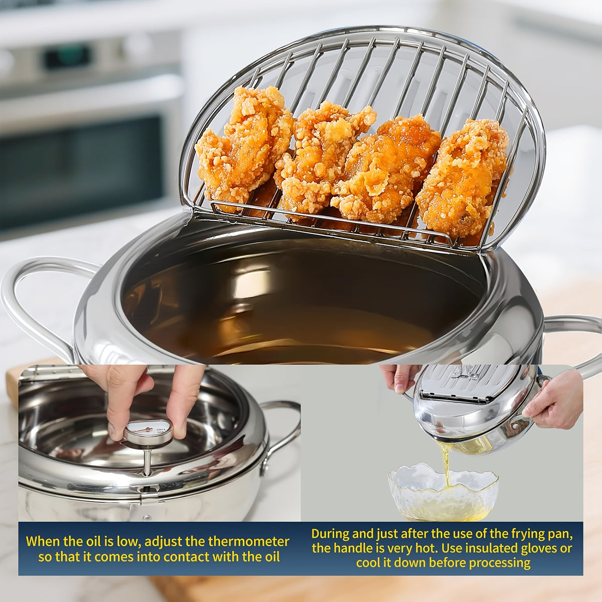 Stainless Steel Tempura Deep Fryer with Thermometer, Lid & Drip Strainer – Temperature Control Pot for Frying Boiling Steaming at Home