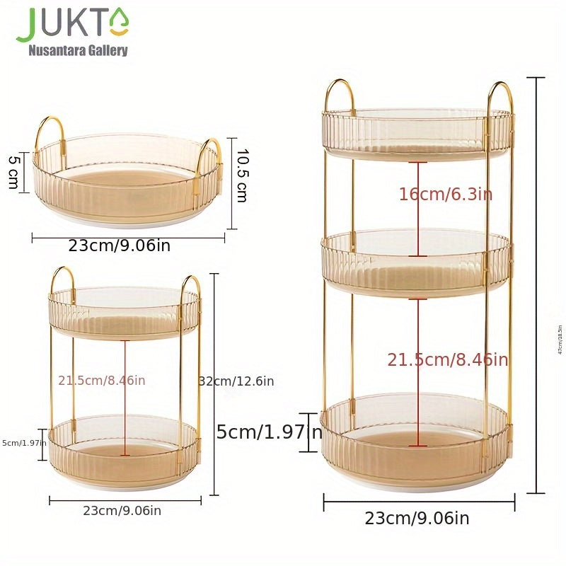360° Rotating Makeup Organizer with 1, 2 or 3 Tiers, Gold Striped Desktop Cosmetic Storage Rack for Brushes, Lipstick & Skincare – Durable Odorless Vanity Organizer for Bathroom & Bedroom