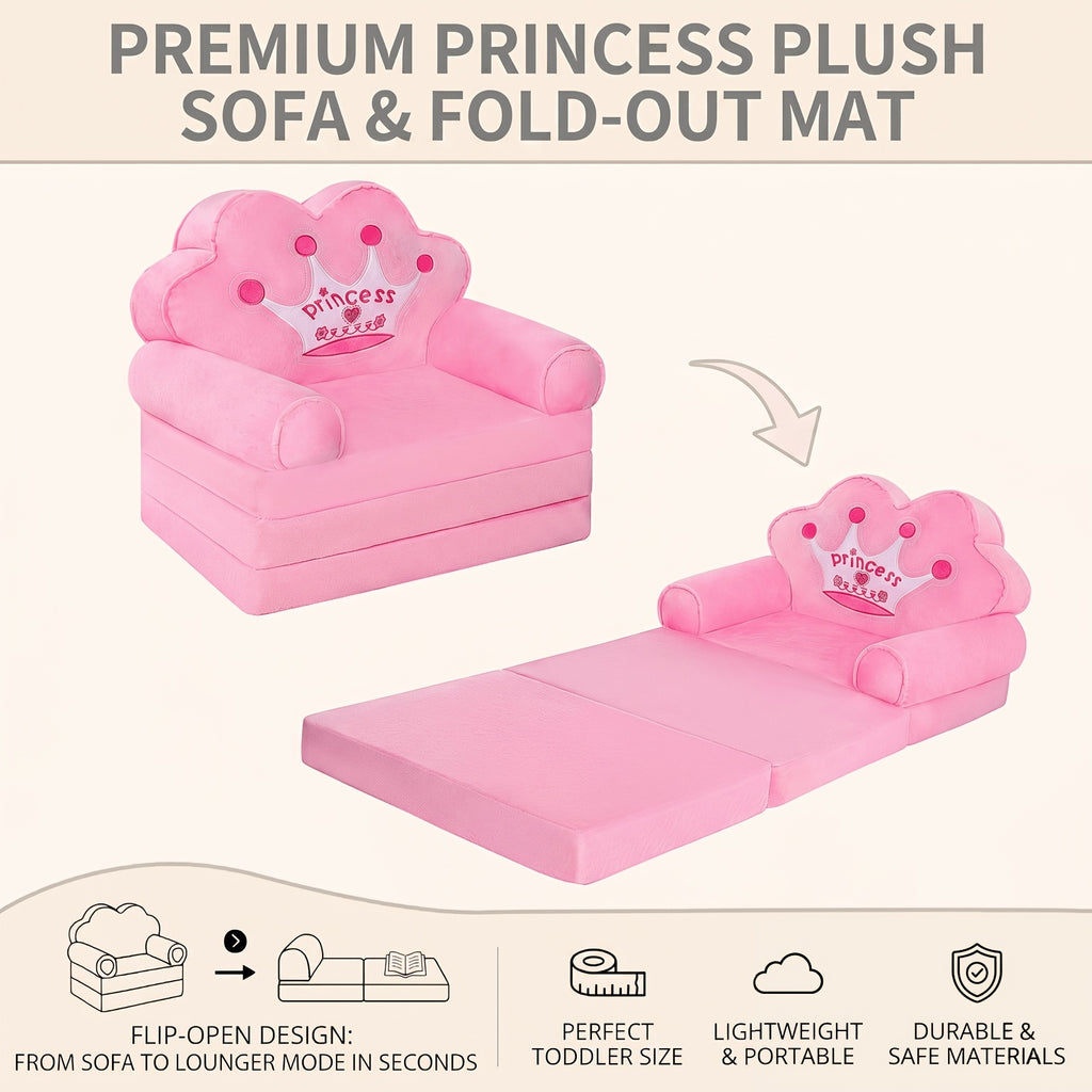 Flip Open Kids Sofa with Princess Crown Design – 2-in-1 Foldable Couch & Lounger Chair, Machine Washable Plush Cover, Certified Safe Foam, Dreamy Reading Nook Gift for Girls