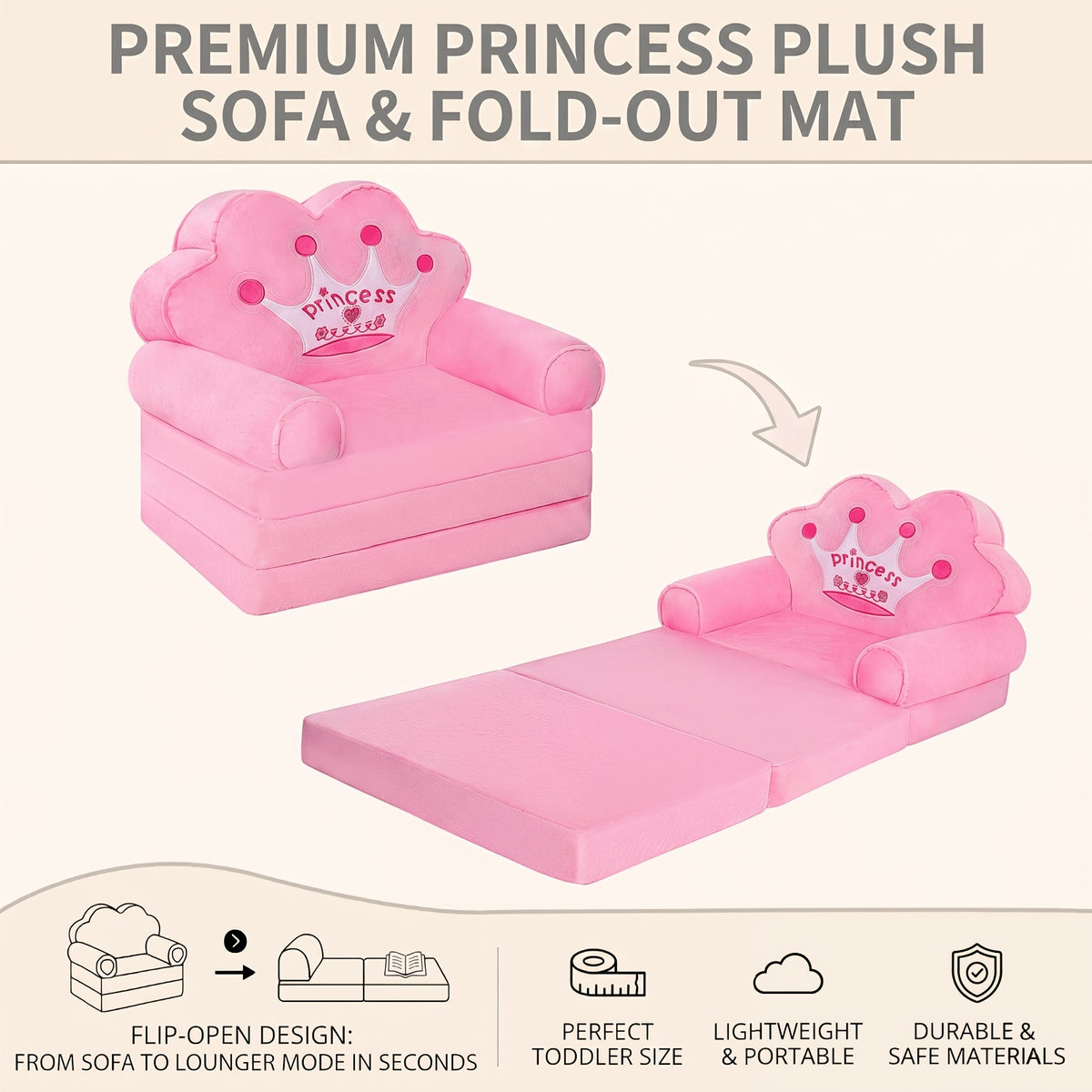 Flip Open Kids Sofa with Princess Crown Design – 2-in-1 Foldable Couch & Lounger Chair, Machine Washable Plush Cover, Certified Safe Foam, Dreamy Reading Nook Gift for Girls