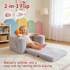 Kids Sofa Chair 2-in-1 Convertible Recliner – Soft Plush Velvet with Storage Pocket & Armrest Pockets, Folding Lounge Chair for Boys & Girls | Pink, Grey & White