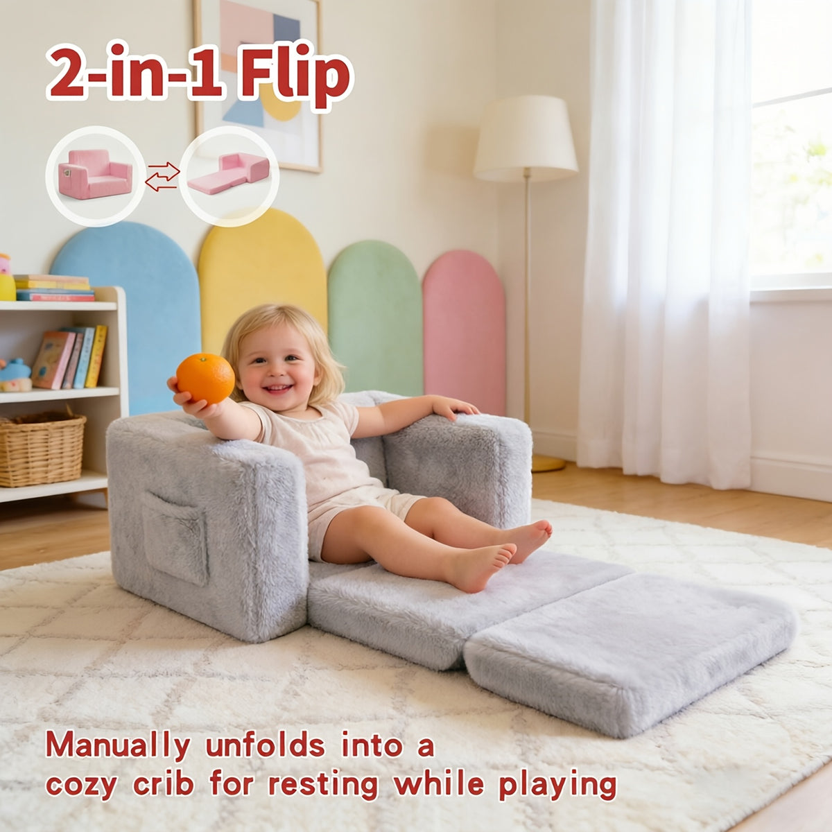 Kids Sofa Chair 2-in-1 Convertible Recliner – Soft Plush Velvet with Storage Pocket & Armrest Pockets, Folding Lounge Chair for Boys & Girls | Pink, Grey & White