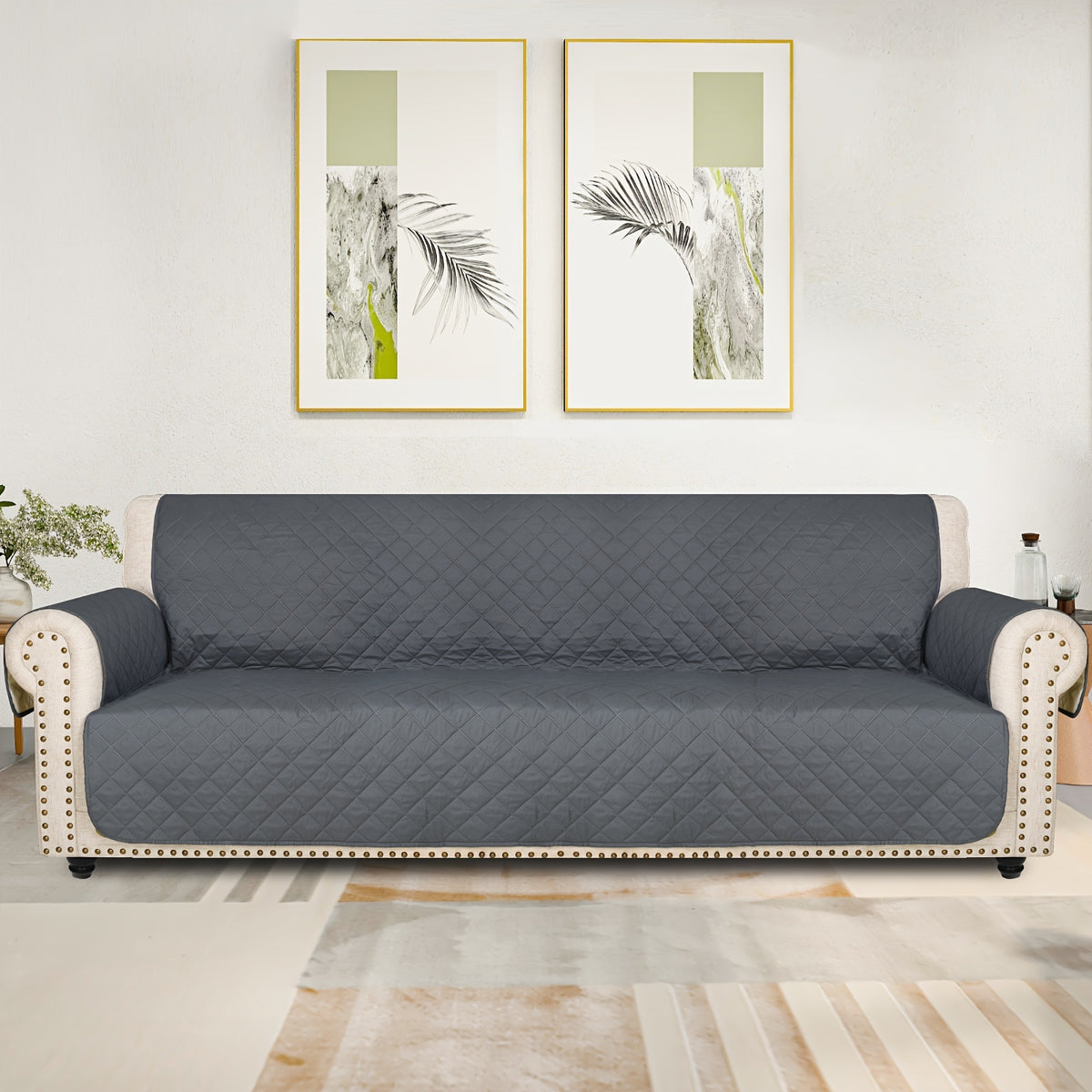 Universal Fit Sofa Slipcover Protector Washable 3 4 Seater, 5-Layer Quilted Pet-Friendly Couch Cover with Elastic Straps – Recliner & Loveseat Compatible, Non-Slip Furniture Protector for Living Room