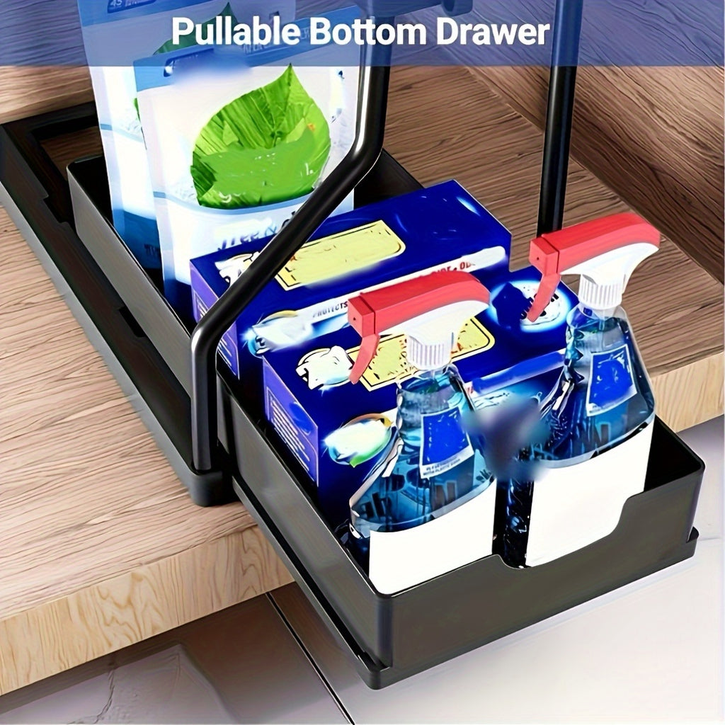 Under Sink Organizer 2-Tier Sliding Cabinet Basket with Hooks – Bathroom Kitchen Under Sink Storage Shelf Rack Organizer