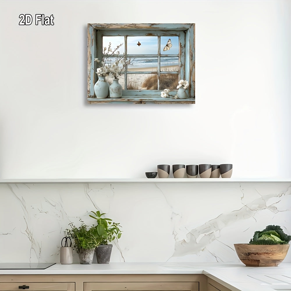Beach View Window Canvas Wall Art with Butterflies & Flowers, Vintage Beach Scene Wooden Framed Print for Living Room, Bedroom, Kitchen & Home Office – 16x20in or 20x24in