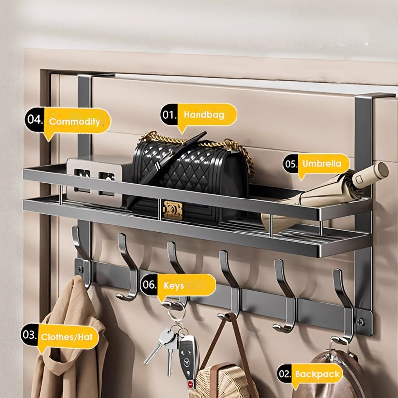Over Door Hook Rack 2-Tier 5 or 6 Hooks Rustproof Metal – Space-Saving No-Damage Hanger for Clothes, Coats, Hats & Handbags, Gray