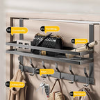 Over Door Hook Rack 2-Tier 5 or 6 Hooks Rustproof Metal – Space-Saving No-Damage Hanger for Clothes, Coats, Hats & Handbags, Gray