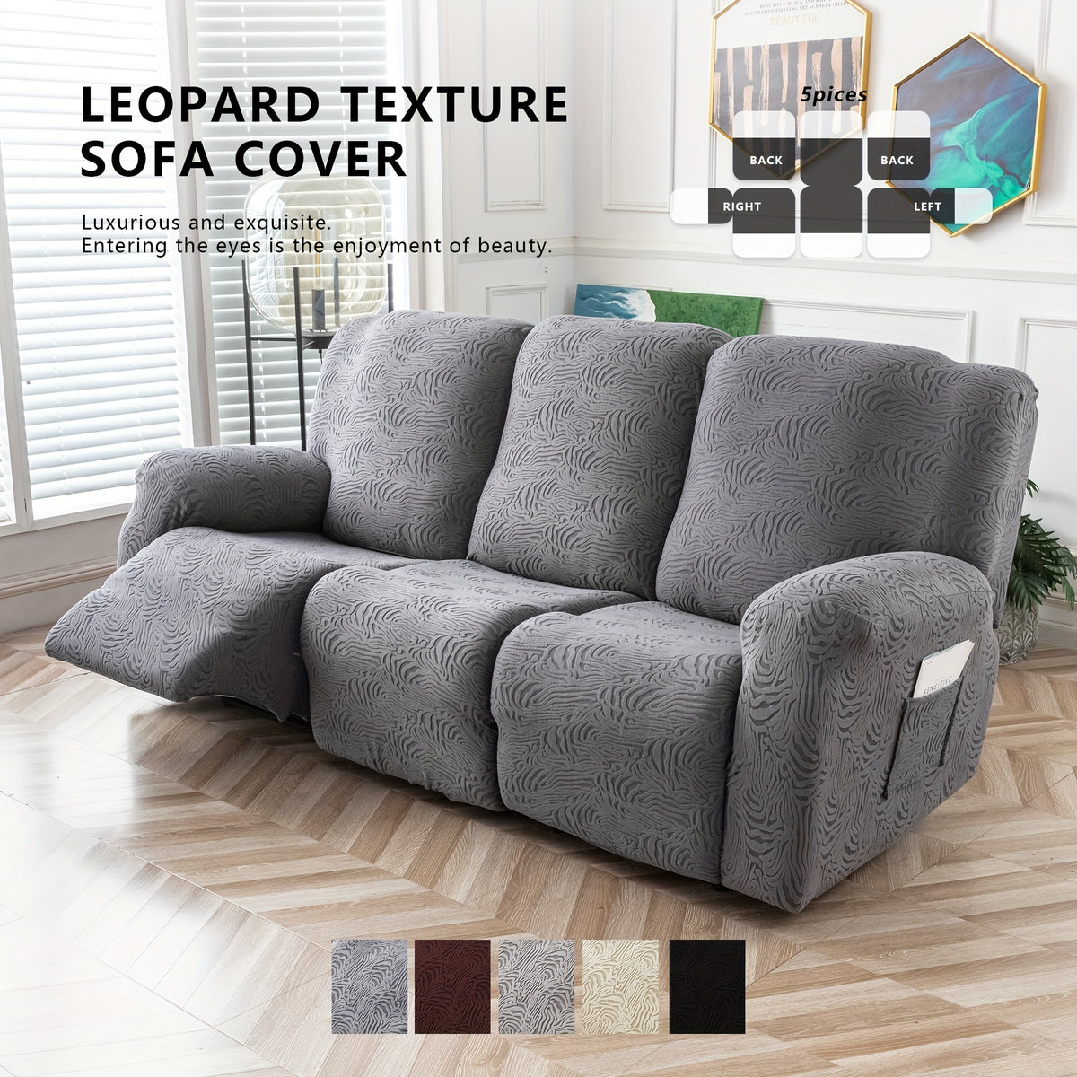 5-Piece Recliner Sofa Cover Set – Washable Furniture Protector with Elastic Bottom for 3-Seat Reclining Couch | Chocolate, Black, Grey, Beige