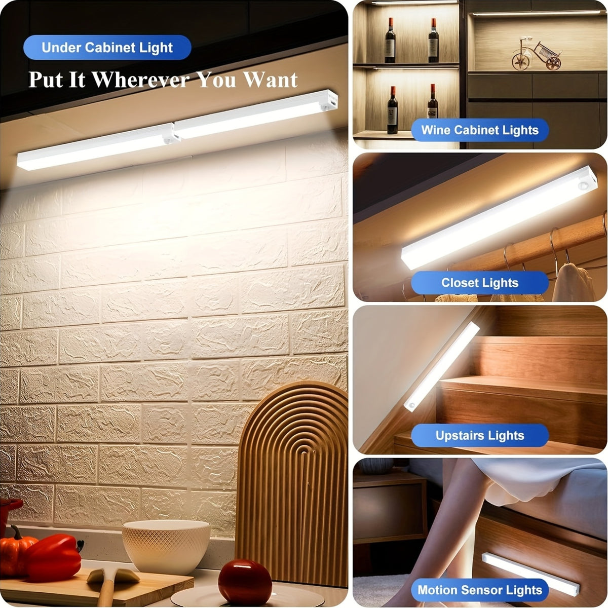 LED Motion Sensor Cabinet Lights 6-Pack, USB Rechargeable Magnetic Indoor Night Light Strips for Stairs, Shelves & Closets – 3.94in / 7.87in / 11.81in