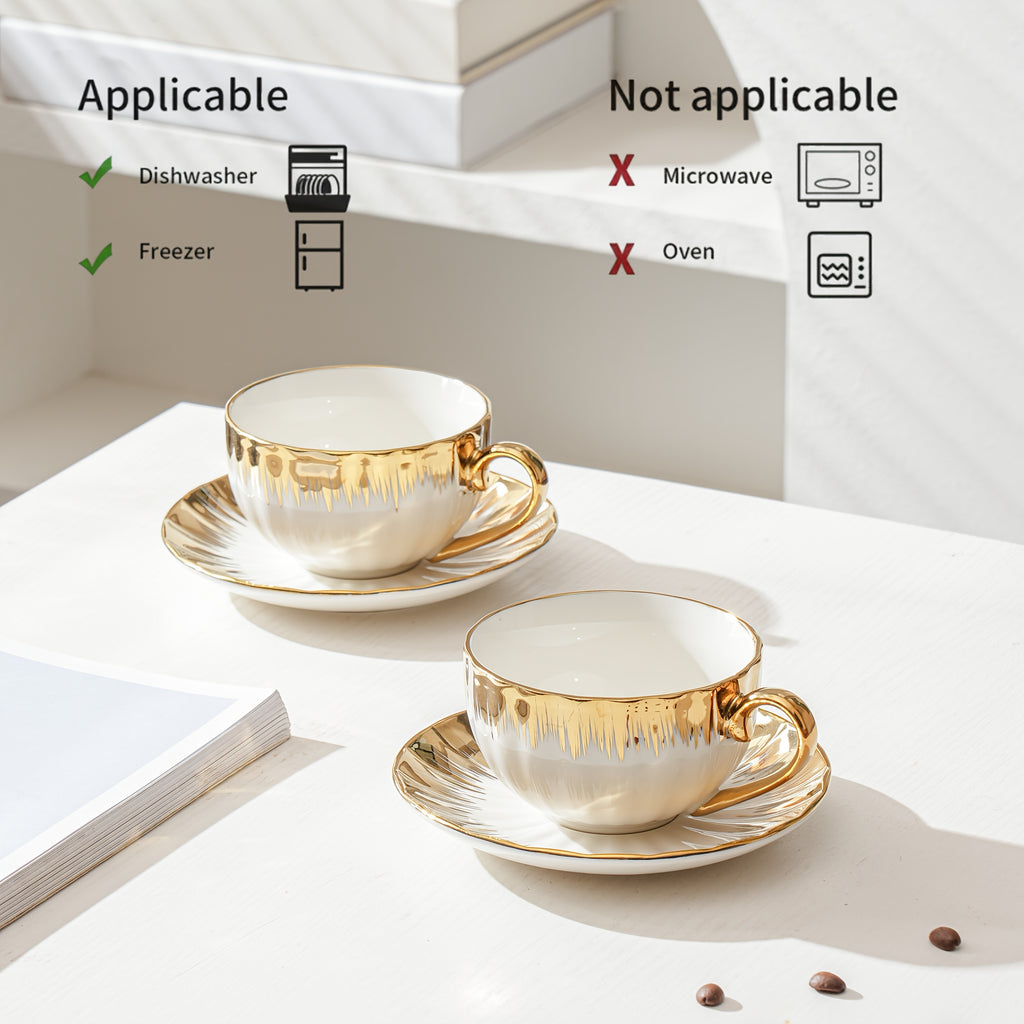 Ceramic Coffee Cup and Saucer Set of 6 – European Light Luxury 8.45oz Porcelain Tea Cups with Plates | Elegant Dinnerware for Home, Wedding & Holiday Gifting