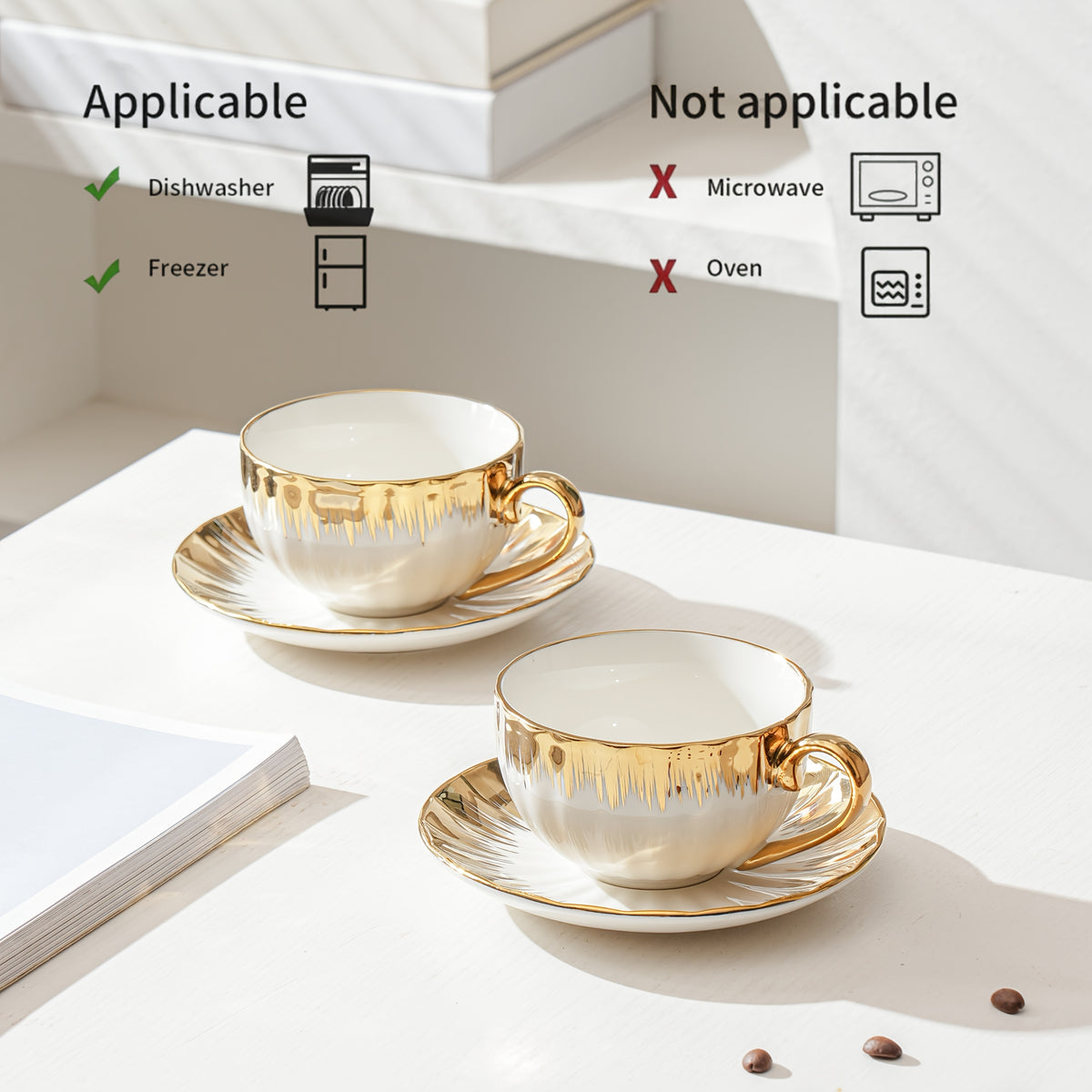 Ceramic Coffee Cup and Saucer Set of 6 – European Light Luxury 8.45oz Porcelain Tea Cups with Plates | Elegant Dinnerware for Home, Wedding & Holiday Gifting