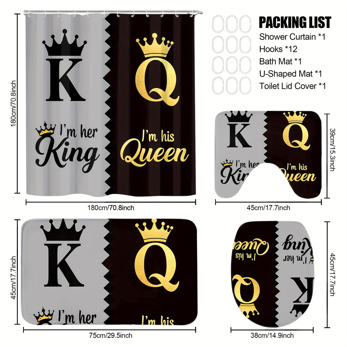 King Queen Shower Curtain Set 4pcs – Bathroom Curtain with 12 Hooks, Non-Slip Rug, Toilet U-Shape Mat & Lid Cover, Modern Bathroom Accessories
