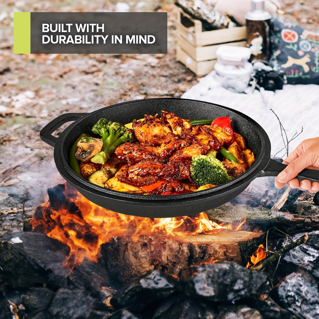 Pre-Seasoned Cast Iron Dutch Oven & Frying Pan Set – 2-in-1 Deep Pan + Skillet for Baking, BBQ, Stovetop & Induction | Indoor & Outdoor Cookware