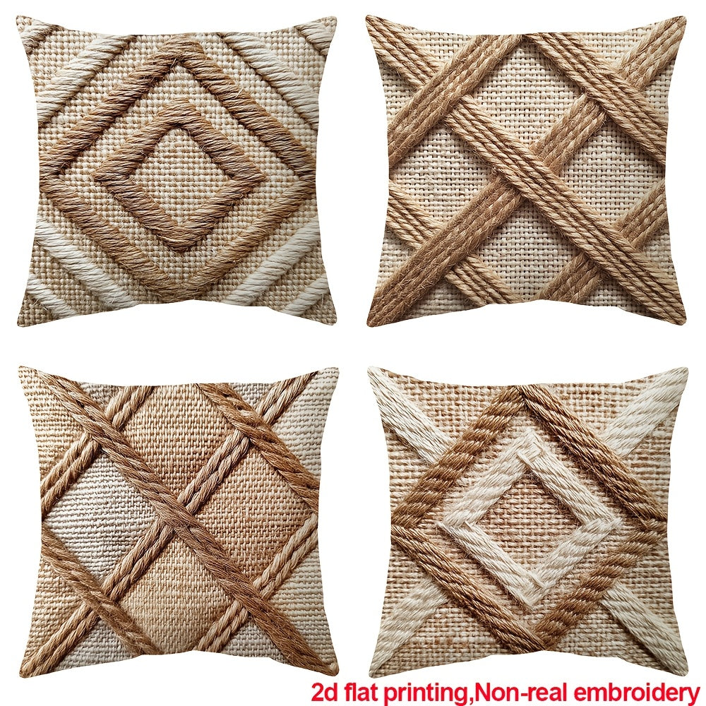 Boho Throw Pillow Cases Set of 4 Geometric Striped Diamond Pattern Decorative Cushion Covers 18x18 Inch for Farmhouse Living Room Bedroom Couch Sofa