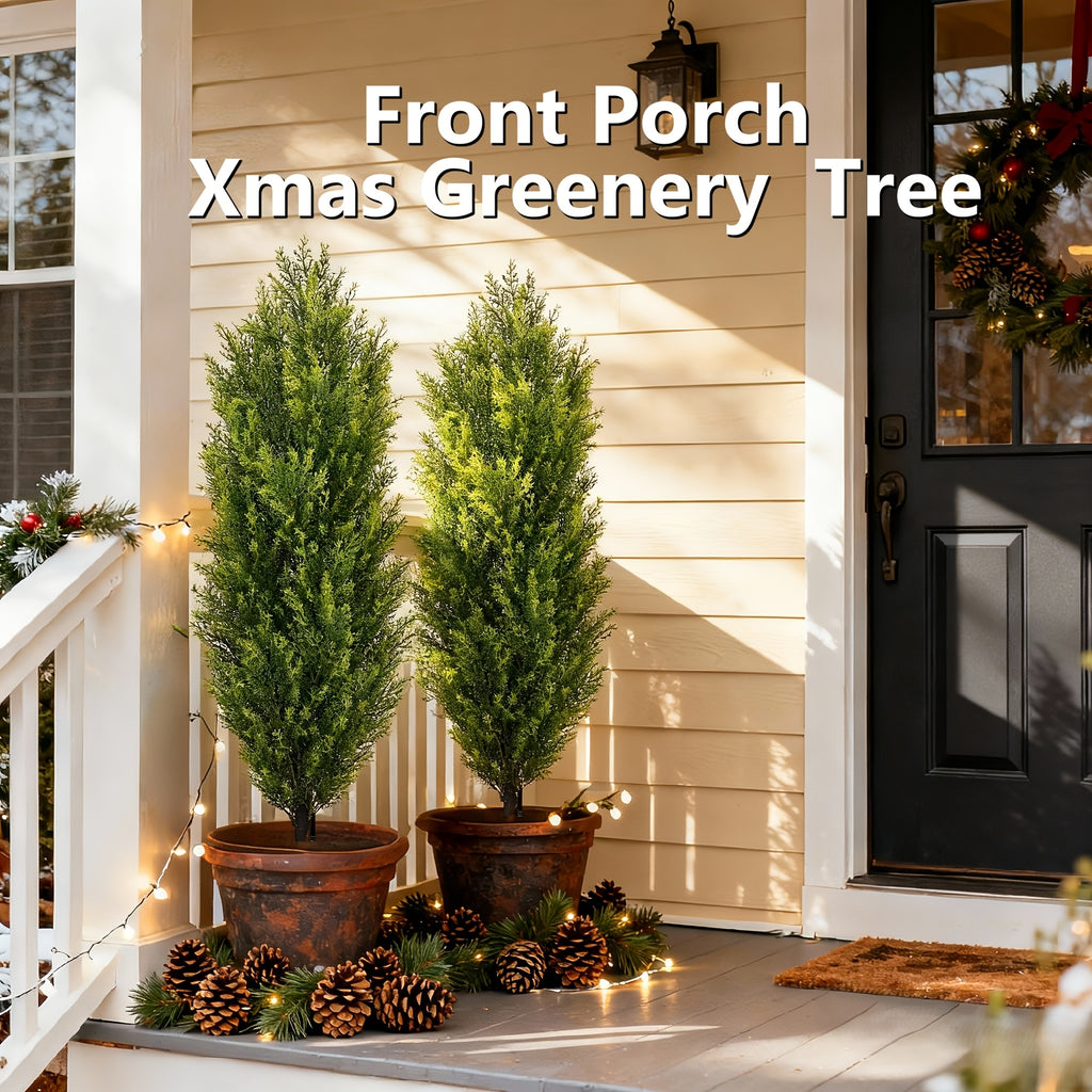 Artificial Cedar Topiary Trees 2-Pack - UV-Resistant Faux Greenery for Outdoor & Indoor, Modern Faux Topiary for Patio, Garden, Entryway & Office Decor