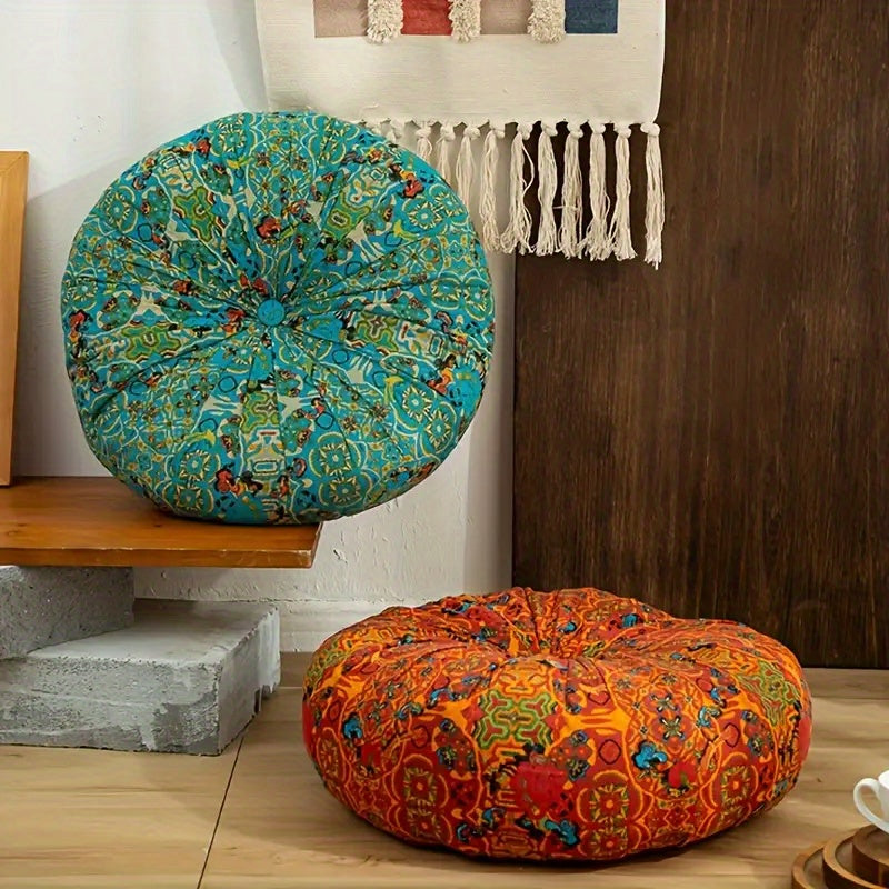 Bohemian Round Floor Pillow Thick Cushion – Vintage Colorful Floral Pattern, Fade-Resistant Cotton & PP Cotton, All-Season Decorative Living Accessory, Multiple Colors