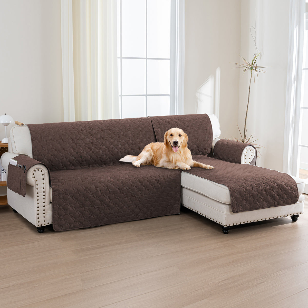 L-Shaped Sectional Sofa Cover 100% Liquid-Resistant Couch Slipcover with Non-Slip Straps for Dogs Cats Pets Left Right Chaise