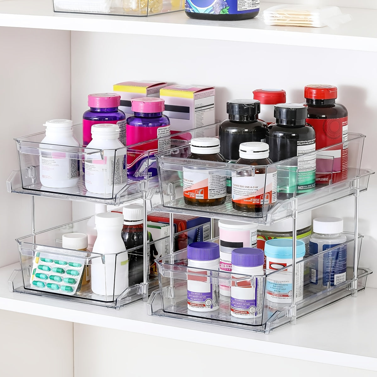 Transparent Pull-Out Storage Organizer – Double-Layer Slide-Out Cabinet Basket for Bathroom Vanity, Under-Sink & Kitchen, Space-Saving Plastic Shelf (1 or 2pcs)