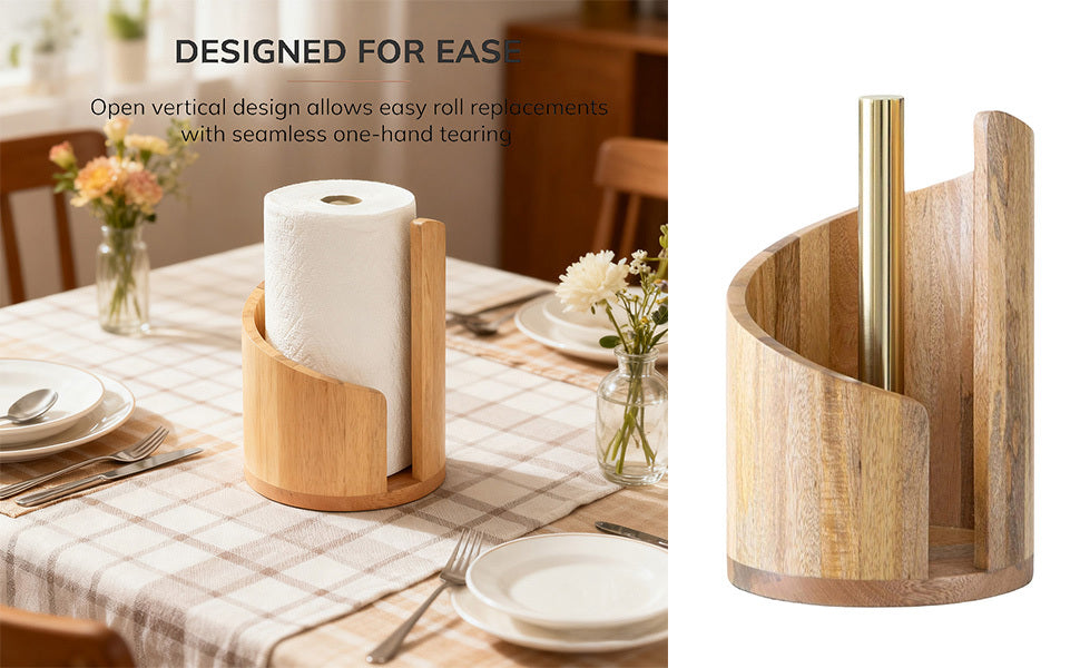 Paper Towel Holder Countertop - Mountain Design with Mango Wood Round Base & Iron Stand, No Tools Required, Kitchen Counter Organizer in Black, Gray, White, Blue & Natural