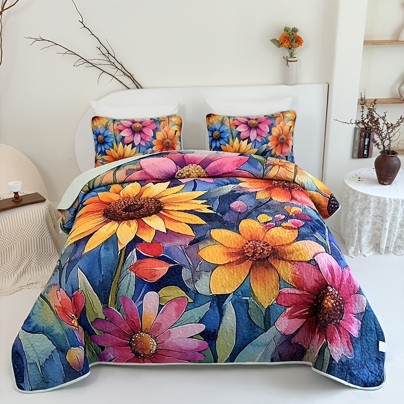 Floral Quilt Set 2 or 3 Piece – Colorful Flowers & Plants Quilted Bedspread with Pillowcases, Soft Breathable Hypoallergenic Machine Washable Bed Cover Twin Queen King