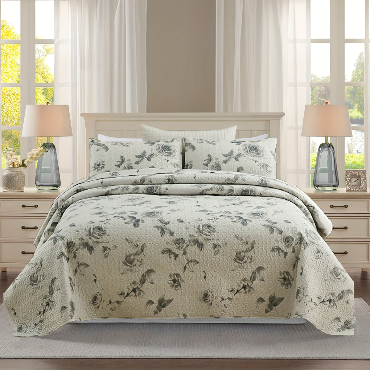 Patchwork Quilt Set 3-Piece Boho Reversible Coverlet Queen King Size Soft Lightweight Bedspread with 2 Pillow Shams All-Season Floral Stripes Bedroom Decor