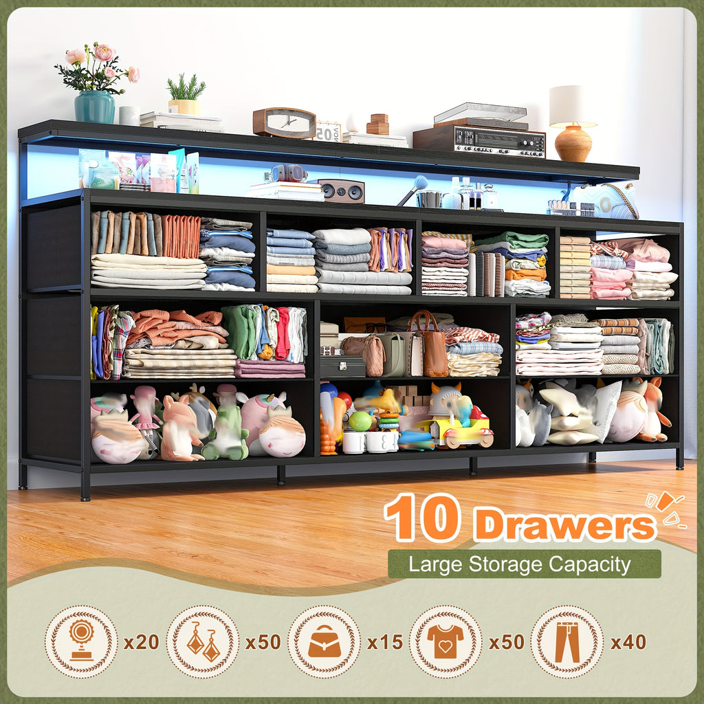 55" Wide Dresser for Bedroom with 10 Drawers, LED Lights & Power Outlets – Long Storage Chest, TV Stand up to 65", Metal Frame + Wood Top, Built-in Charging Station, Tiger Print / Black Wood Grain