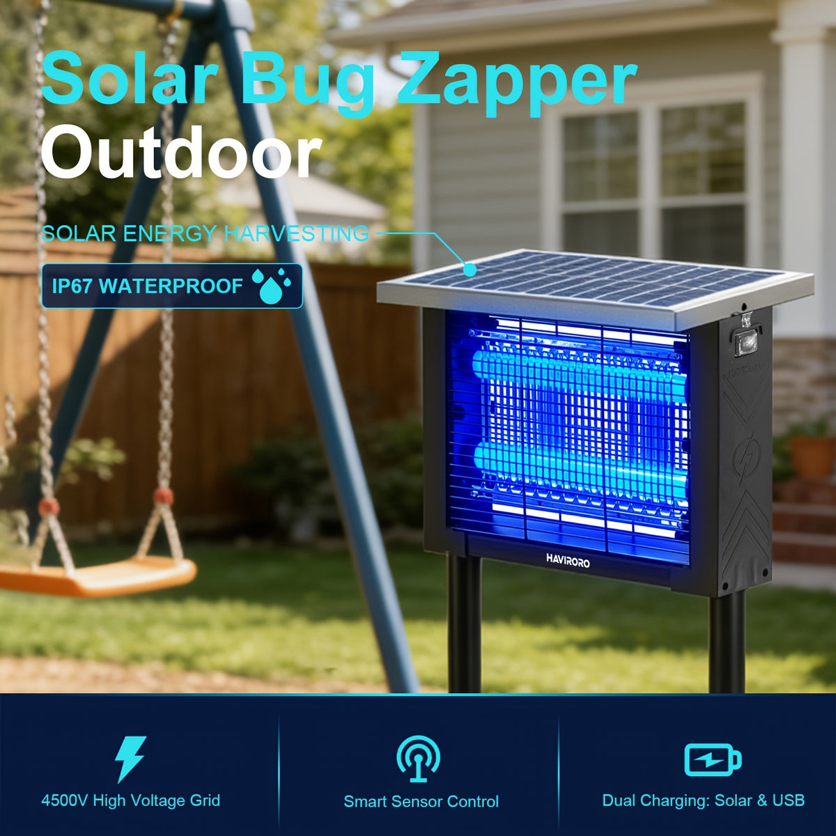 Solar Bug Zapper Outdoor Wireless Portable Mosquito Zapper with Solar Panel Sensor USB Charging Fly Trap Insect Killer for Home Backyard Porch Garden Camping