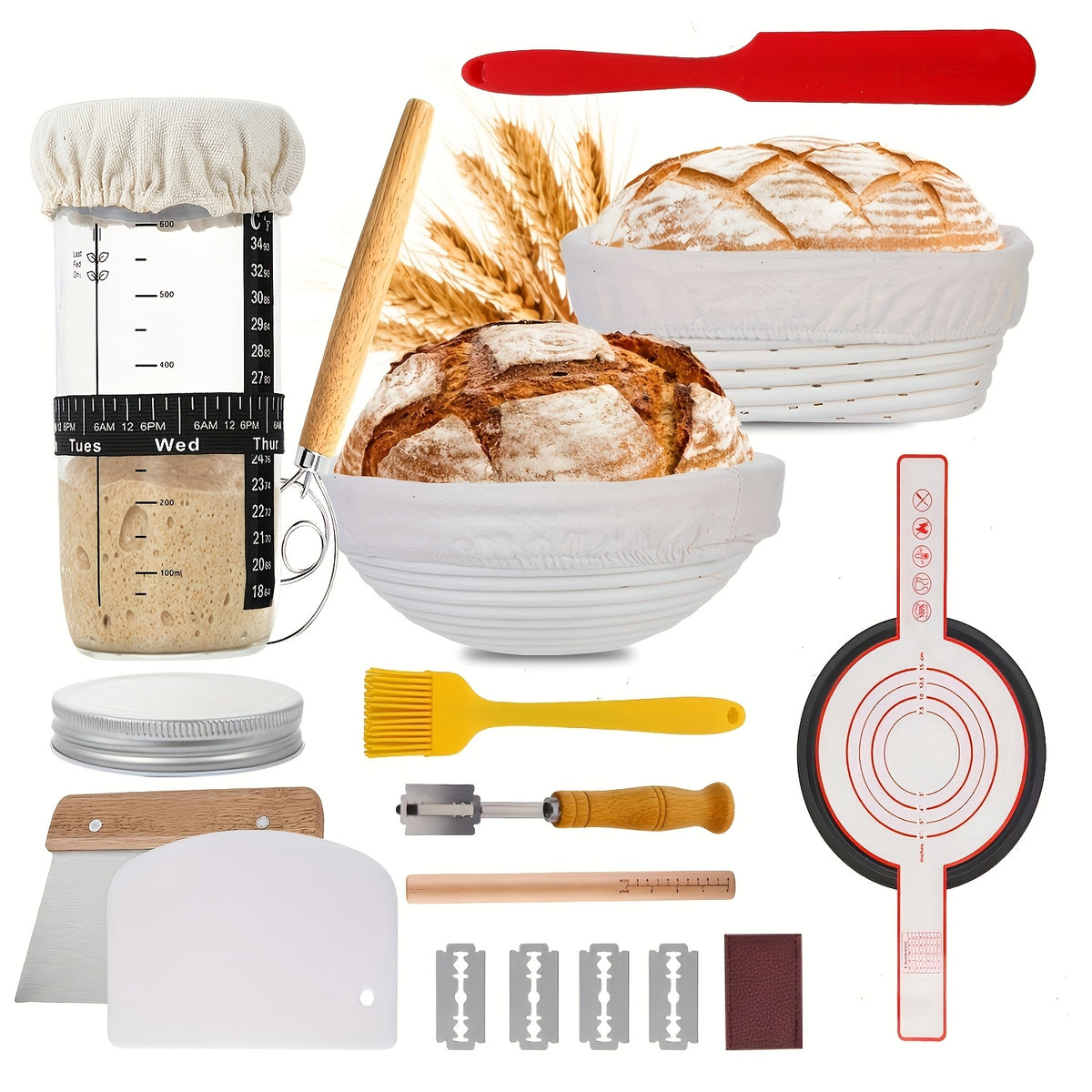 Sourdough Bread Baking Kit with Banneton Proofing Basket Set - Complete Starter Supplies Including Oval & Round Proofing Baskets, Sourdough Starter Jar, Baking Tools & Utensils for Home Bakers