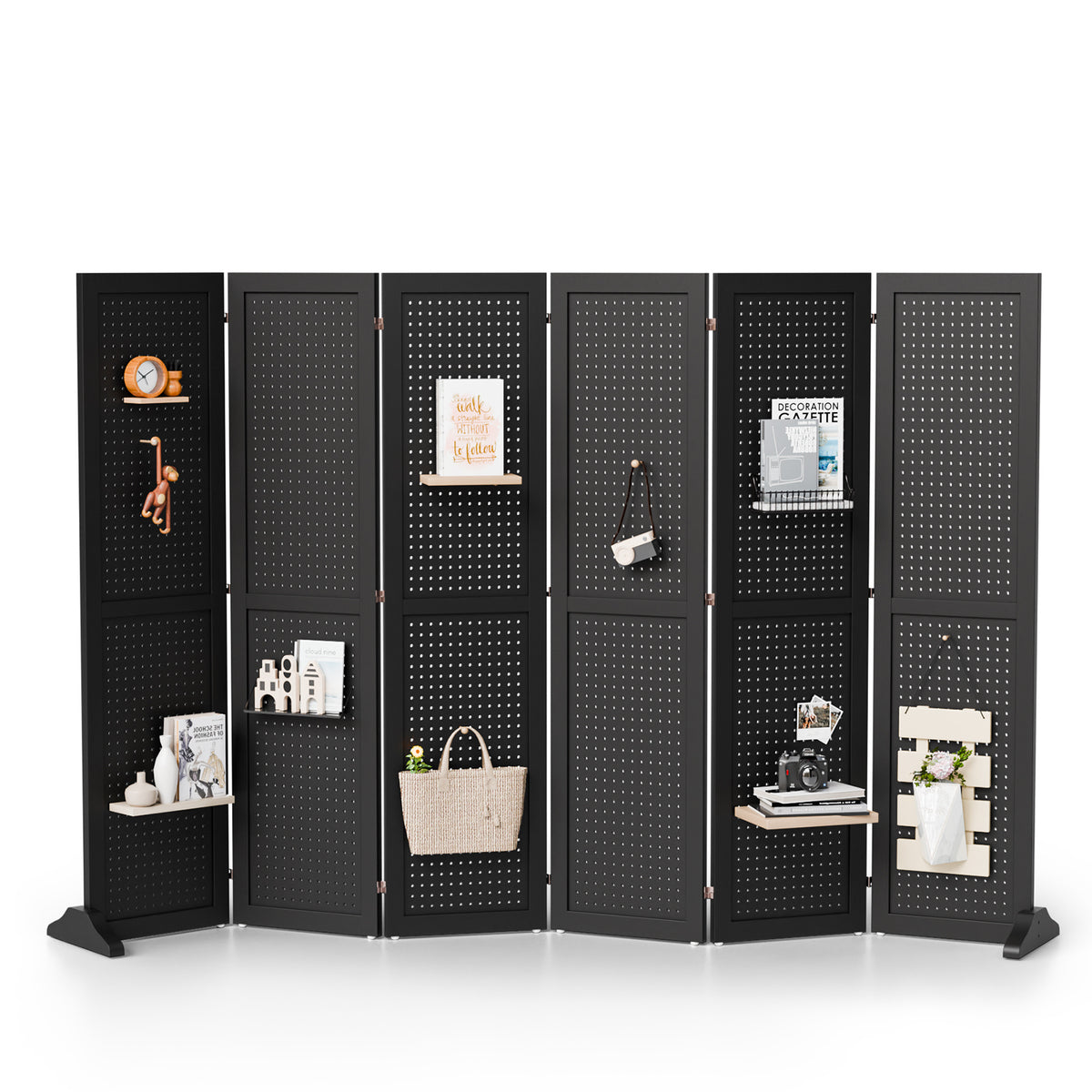 5 FT Freestanding Pegboard Room Divider | Wood Folding Privacy Screen & Display Board Organizer with Support Feet – White, Black, Natural, Grey | Craft Shows, Retail & Home